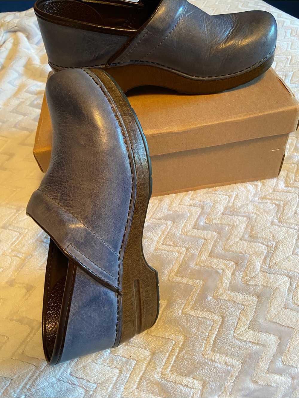 Dansko Leather Slip-On Clogs in Slate Blue